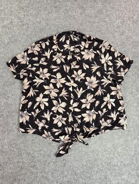 Madewell Black Floral Tie-Hem Short Sleeve Blouse Flowy Top 100% Silk